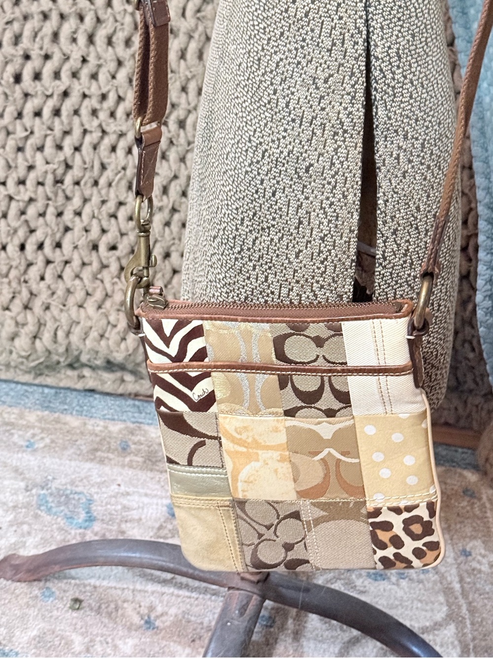 Coach Patchwork Crossbody – Brown, Tan & Cream Signature Mix, Adjustable Strap